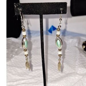 Women's Long Dangle Pierced Earrings Cat's Eye Beaded Southwestern Style